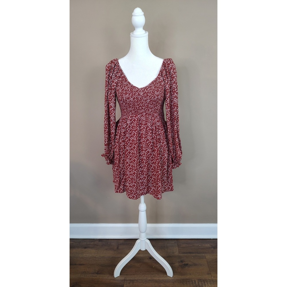 Newbury Kustom Rust Red Floral Smocked Mini Dress Long Puff Sleeve Womens Medium